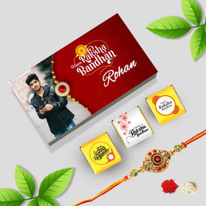 Best Rakhi Gift Box with Rakhi for Brothers(With Text & Heart Shaped Wrapped Chocolates)