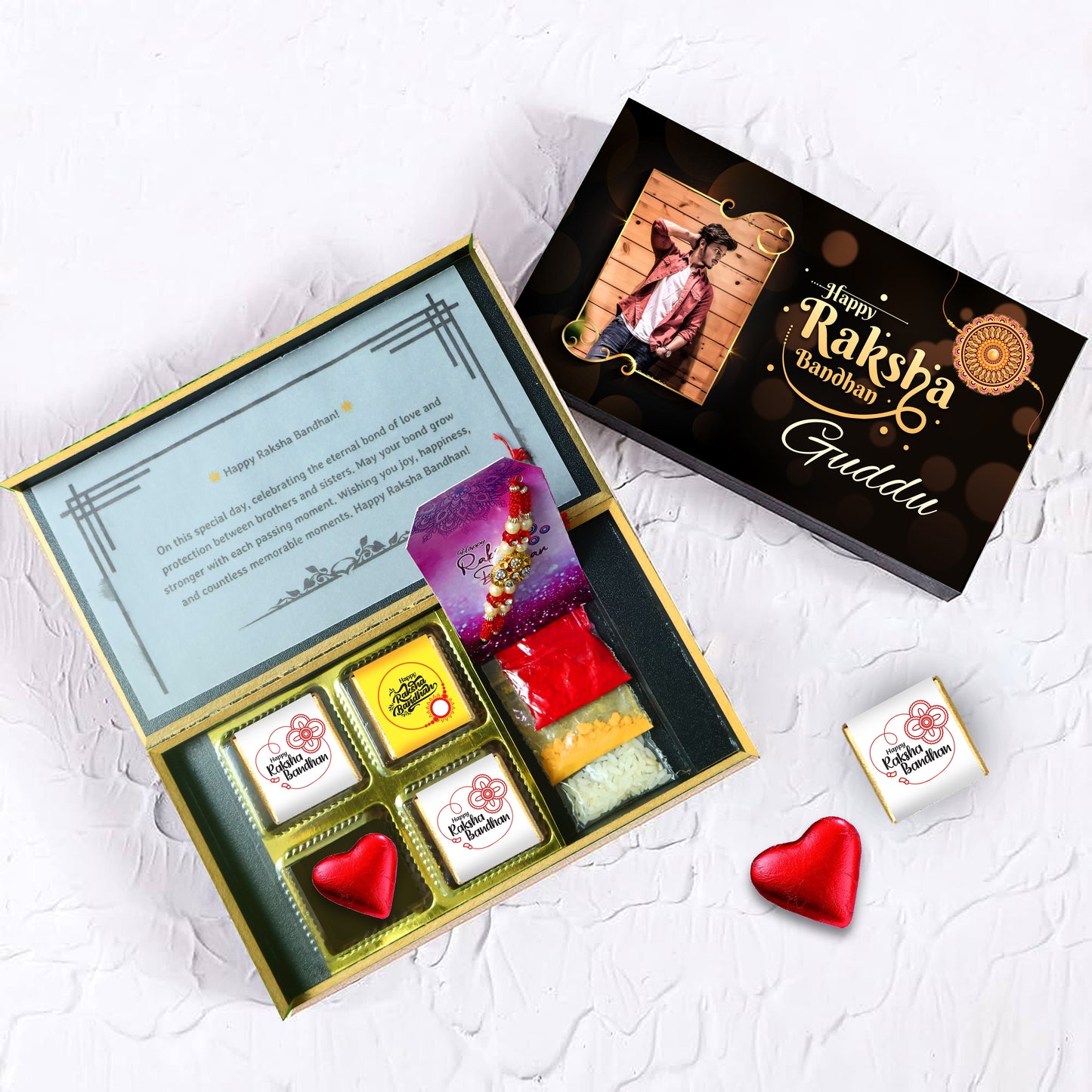 Best Personalized Rakhi Gift Box with Rakhi (With Text & Heart Shaped Wrapped Chocolates)