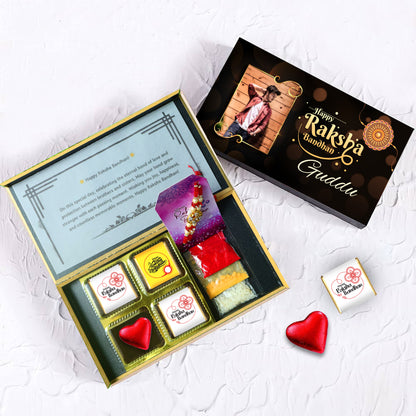 Best Personalized Rakhi Gift Box with Rakhi (With Text & Heart Shaped Wrapped Chocolates)