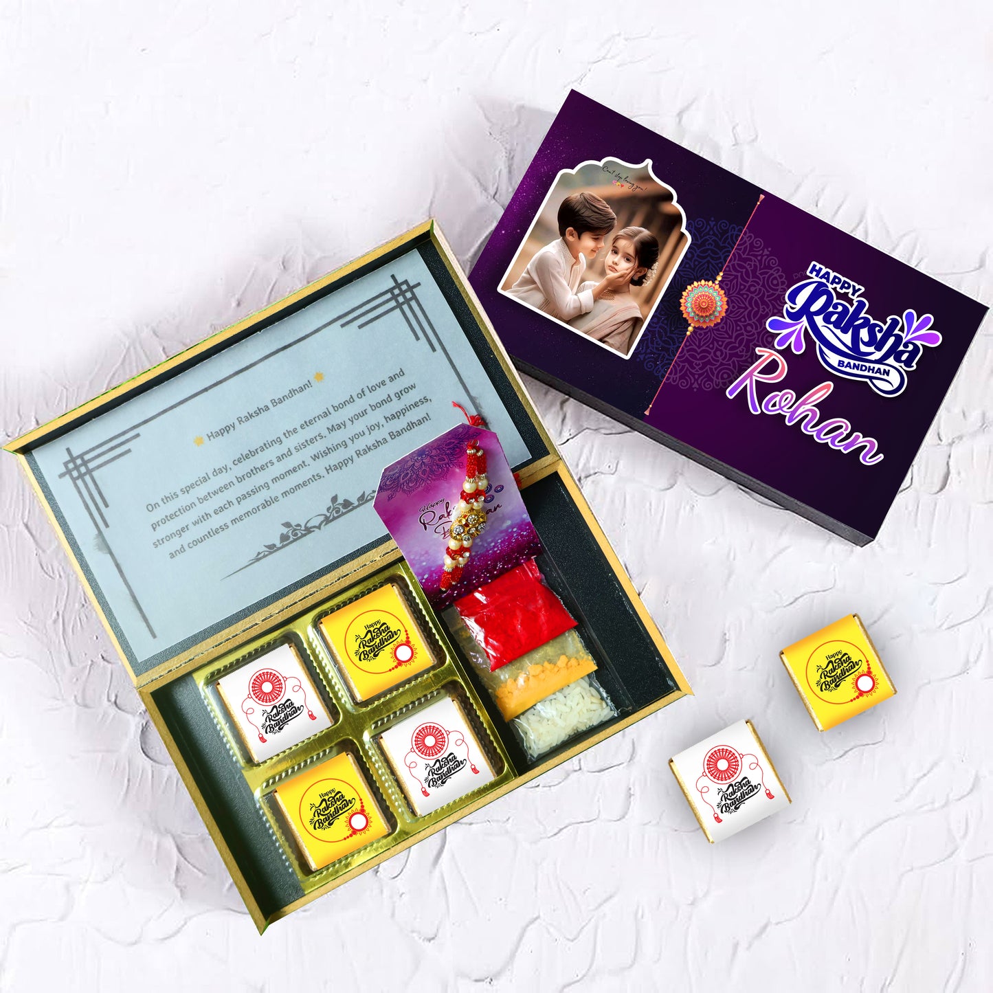 Personalized Raksha Bandhan Gift Box with Rakhi (With Text & Heart Shaped Wrapped Chocolates)