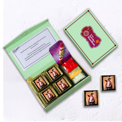Celebrate Raksha Bandhan with a Personalized Gift(With Photo Wrapped Chocolates and Rakhi)