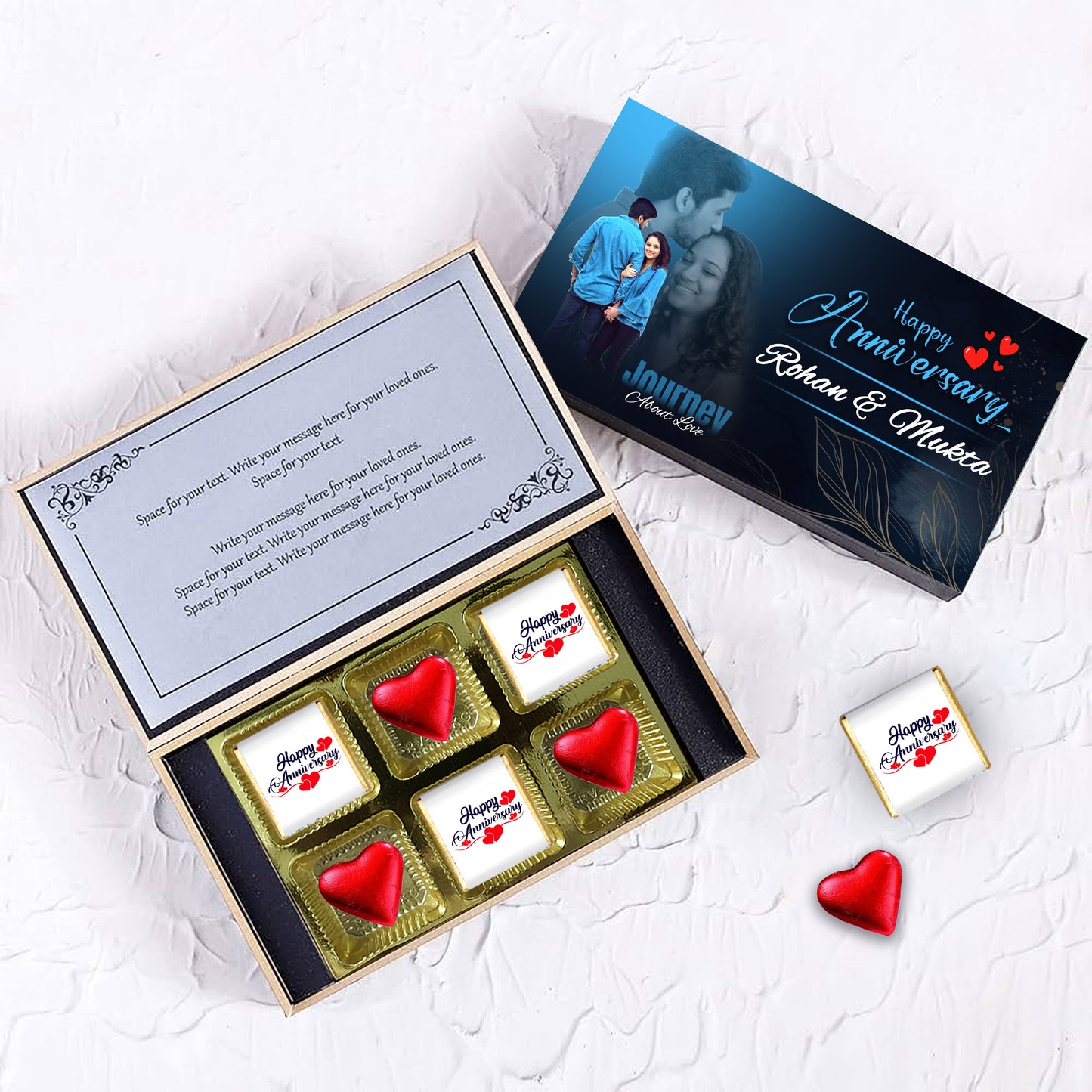 Beautiful Personalized Anniversary Gift (With Text & Heart Shaped Wrapped Chocolates)