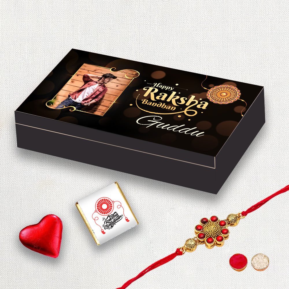 Best Personalized Rakhi Gift Box with Rakhi (With Text & Heart Shaped Wrapped Chocolates)