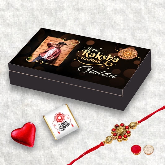 Best Personalized Rakhi Gift Box with Rakhi (With Text & Heart Shaped Wrapped Chocolates)